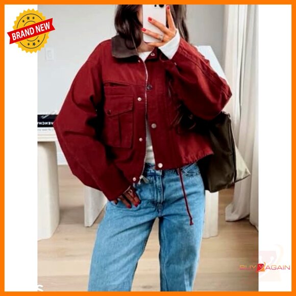 Cropped Utility Jacket Casual Button Front Cargo Pockets Oversized Chic Style - Picture 5 of 7